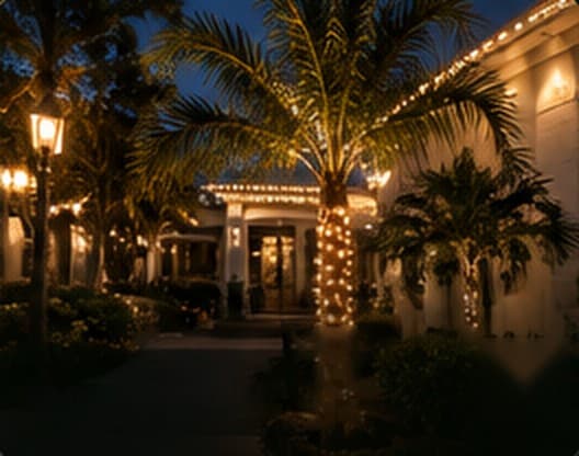 Palm trees wrapped in lights at a commercial entrance